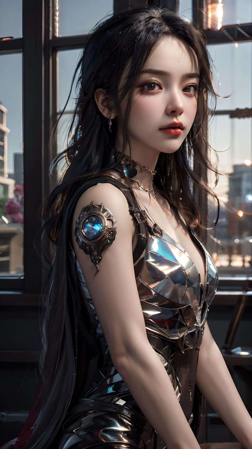 (best quality, masterpiece, ultra high resolution),(photorealistic:1.37), (immersive atmosphere, chiaroscuro:1.5, bright light:1.2,luminous lighting),1girl, cute,slim,(pale skin,shiny skin),(looks at the viewer), very long hair, (medium breasts), top fashion, detailed clothes, lace, sleepwear, small head,upper body, night,(Floor-to-ceiling windows, city),(byDylanKowalski), steampunk,ornaments,prosthesis,clockwork,porcelain, pearl, holographic, titanium, diamond, ruby, sapphire, gemstones,<lora:OC:0.3>, <lora:add_detail:0.25>, <lora:LowRA:0.25> <lora:dylanKowalski:0.4>, <lora:hiqcg_body_epoch:0.6> <lora:tutu_20230530092930-000005:0.7>